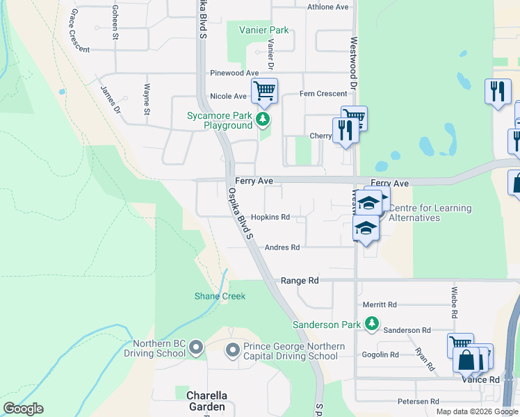 map of restaurants, bars, coffee shops, grocery stores, and more near 2912 Hopkins Road in Prince George