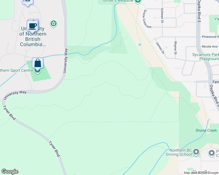 map of restaurants, bars, coffee shops, grocery stores, and more near 9265 University Way in Prince George