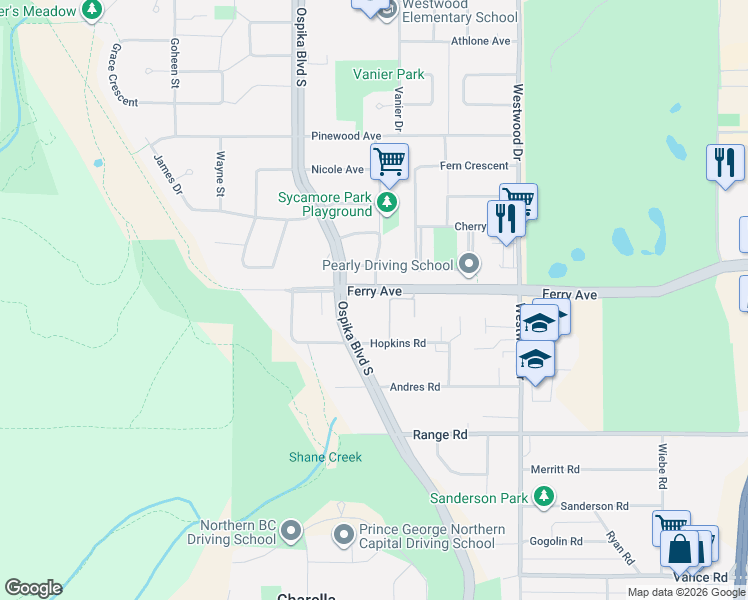 map of restaurants, bars, coffee shops, grocery stores, and more near 2923 Ferry Avenue in Prince George