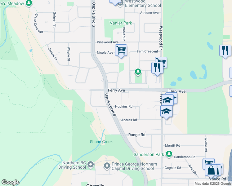 map of restaurants, bars, coffee shops, grocery stores, and more near 2923 Ferry Avenue in Prince George