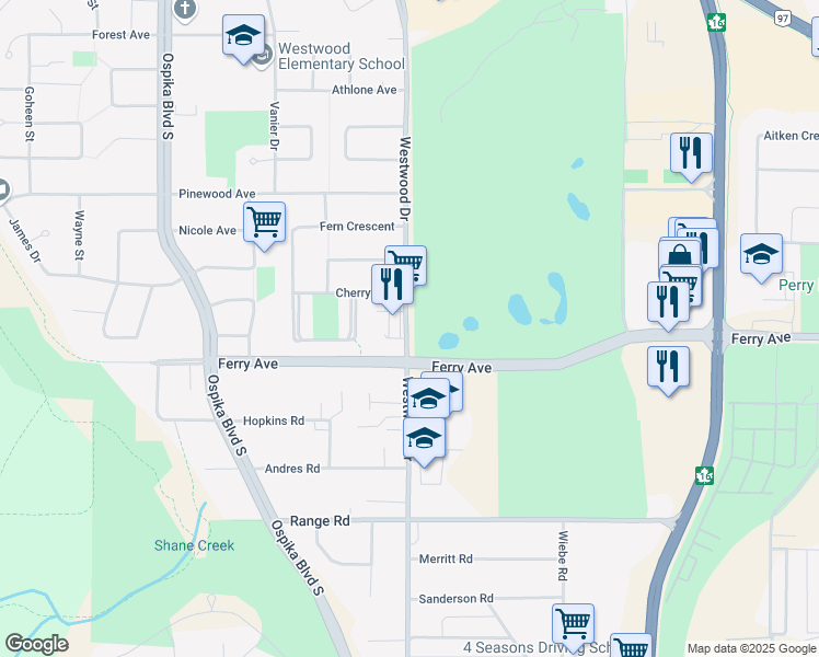 map of restaurants, bars, coffee shops, grocery stores, and more near 3132 Westwood Drive in Prince George