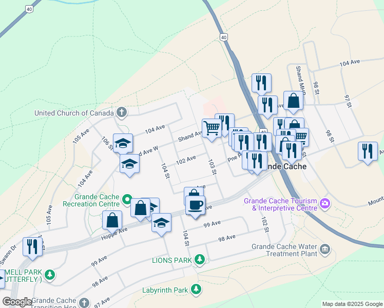 map of restaurants, bars, coffee shops, grocery stores, and more near 10310 102 Avenue in Grande Cache