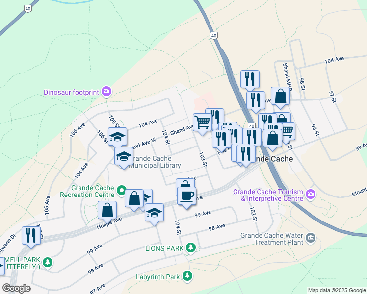 map of restaurants, bars, coffee shops, grocery stores, and more near 10310 102 Avenue in Grande Cache