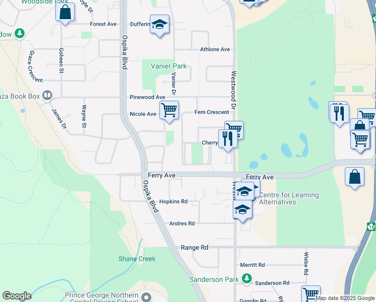 map of restaurants, bars, coffee shops, grocery stores, and more near 328 Beech Crescent in Prince George