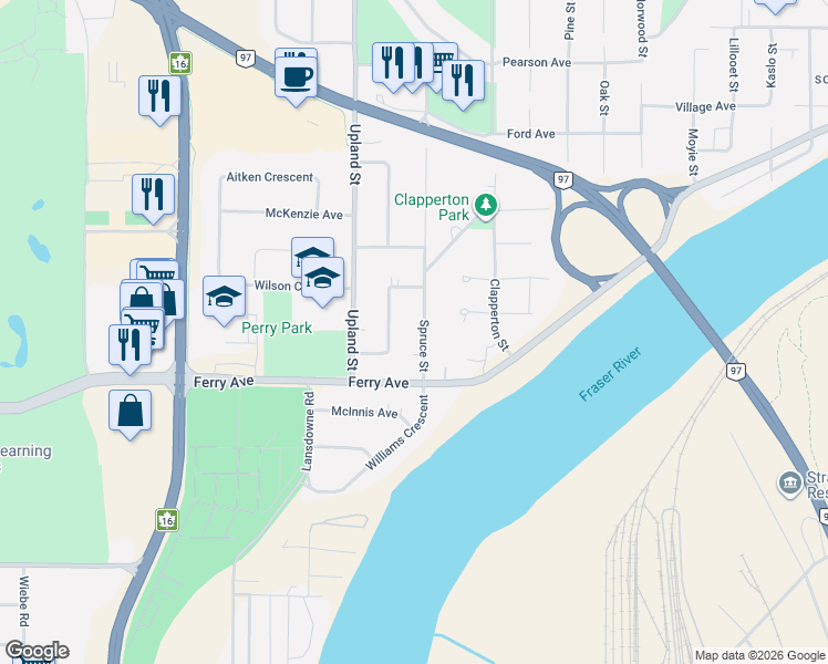 map of restaurants, bars, coffee shops, grocery stores, and more near 3091 Spruce Street in Prince George
