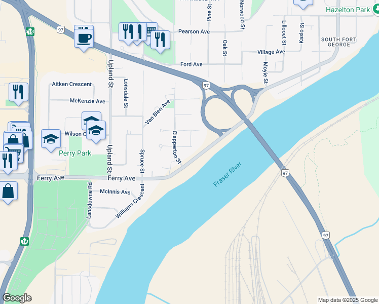 map of restaurants, bars, coffee shops, grocery stores, and more near 1429 Paxton Avenue in Prince George