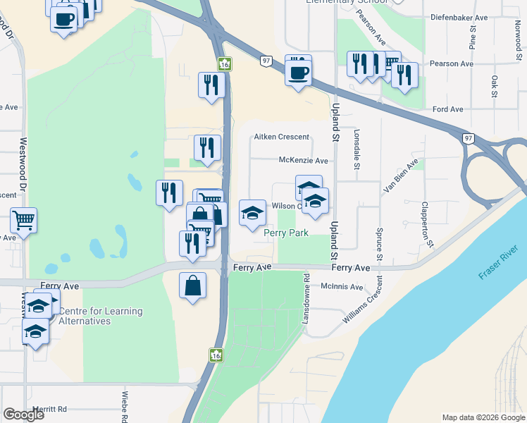 map of restaurants, bars, coffee shops, grocery stores, and more near 277 Wilson Crescent in Prince George