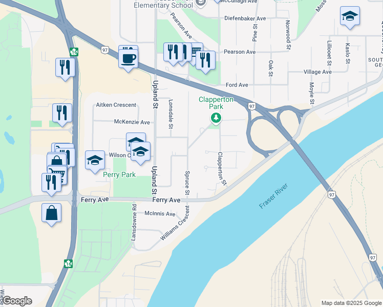 map of restaurants, bars, coffee shops, grocery stores, and more near 3004 Spruce Street in Prince George