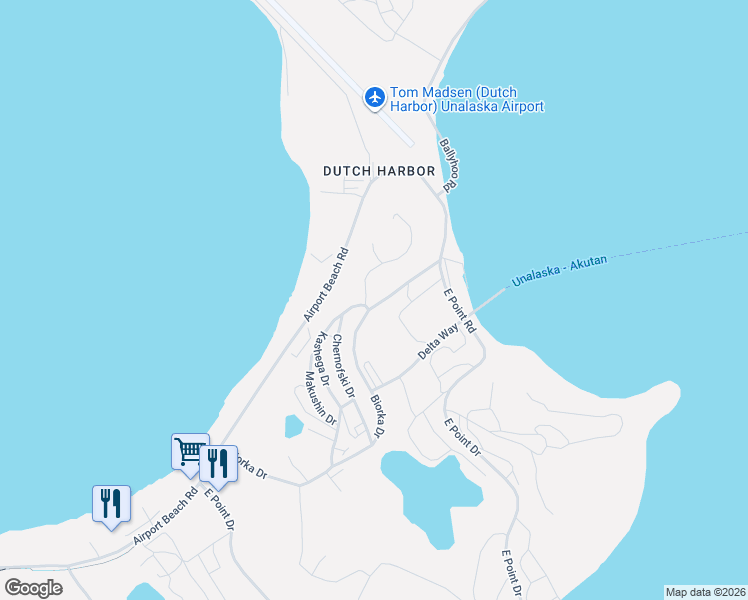 map of restaurants, bars, coffee shops, grocery stores, and more near Driftwood Way in Unalaska