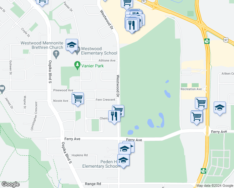 map of restaurants, bars, coffee shops, grocery stores, and more near 2925 Westwood Drive in Prince George