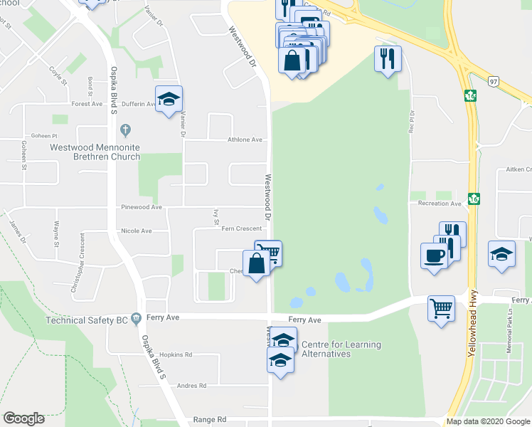 map of restaurants, bars, coffee shops, grocery stores, and more near 2925 Westwood Drive in Prince George