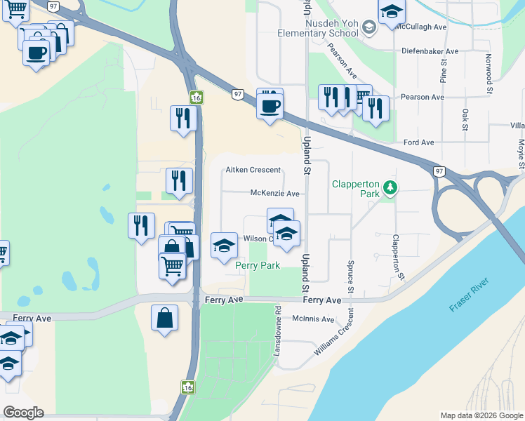 map of restaurants, bars, coffee shops, grocery stores, and more near 180 Watson Crescent in Prince George