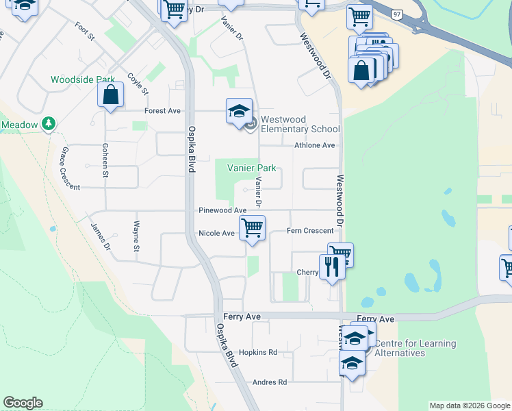 map of restaurants, bars, coffee shops, grocery stores, and more near 2795 Vanier Drive in Prince George