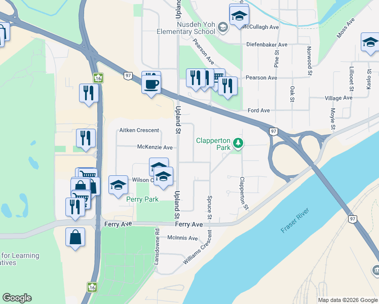 map of restaurants, bars, coffee shops, grocery stores, and more near 2845 Lonsdale Street in Prince George
