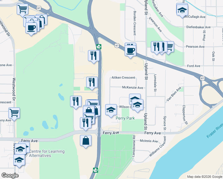 map of restaurants, bars, coffee shops, grocery stores, and more near 193 McKenzie Avenue in Prince George