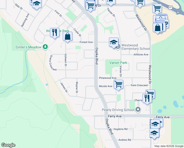 map of restaurants, bars, coffee shops, grocery stores, and more near 3636 Pinewood Avenue in Prince George