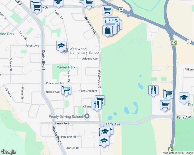 map of restaurants, bars, coffee shops, grocery stores, and more near 2795 Fairview Crescent in Prince George