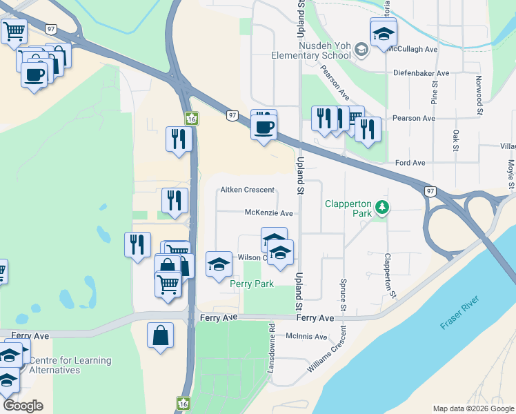 map of restaurants, bars, coffee shops, grocery stores, and more near 132 McKenzie Avenue in Prince George