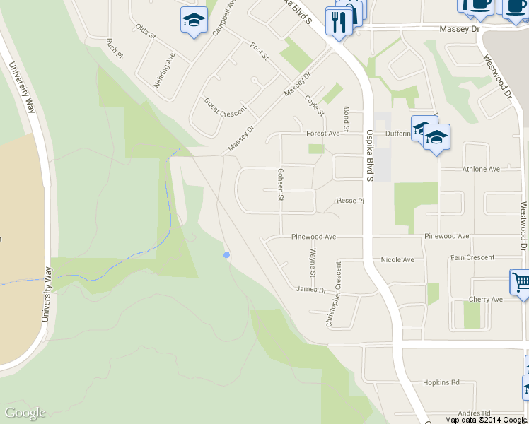 map of restaurants, bars, coffee shops, grocery stores, and more near 3808 Grace Crescent in Prince George