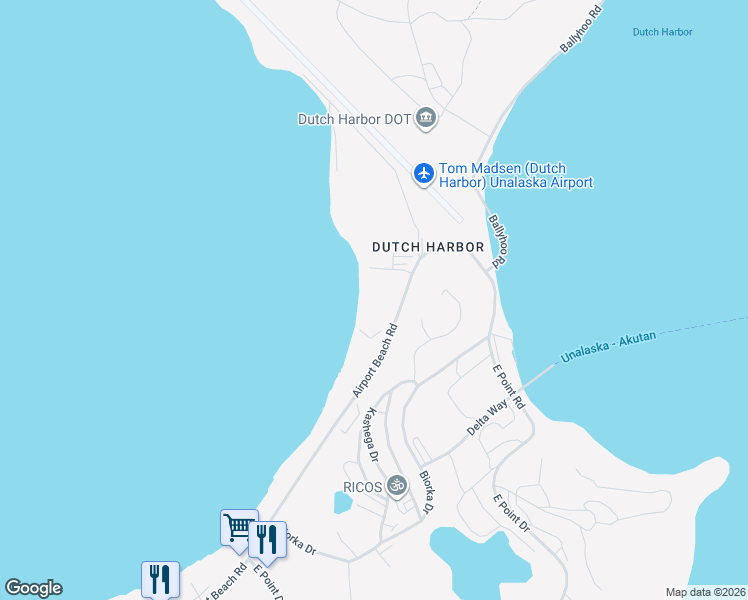 map of restaurants, bars, coffee shops, grocery stores, and more near 102-104 Airport Drive in Unalaska