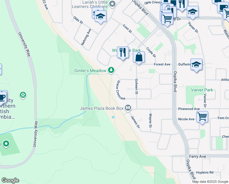 map of restaurants, bars, coffee shops, grocery stores, and more near 3827 Grace Crescent in Prince George