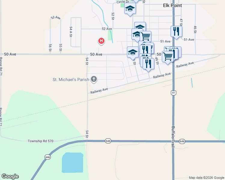 map of restaurants, bars, coffee shops, grocery stores, and more near 6 Railway Avenue in Elk Point