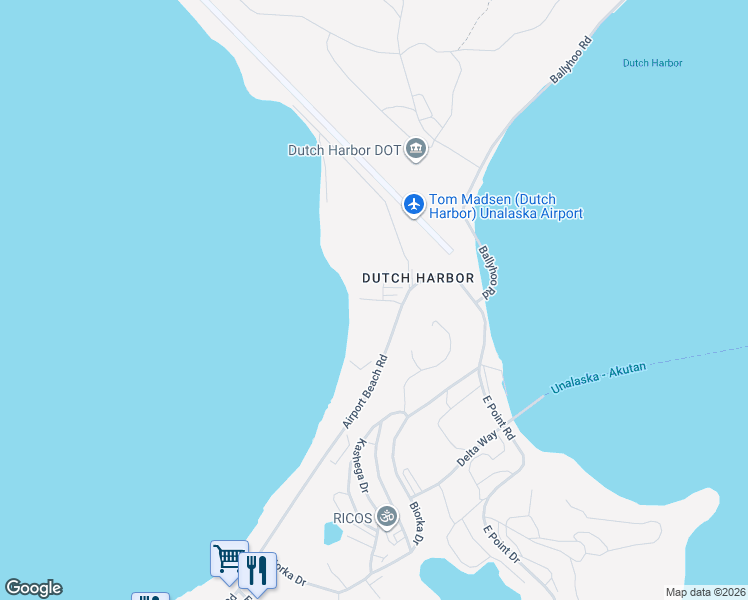 map of restaurants, bars, coffee shops, grocery stores, and more near 102 Airport Drive in Unalaska