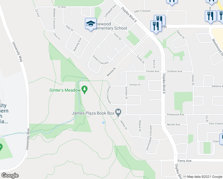 map of restaurants, bars, coffee shops, grocery stores, and more near 3840 Grace Crescent in Prince George