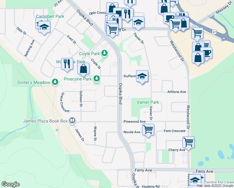 map of restaurants, bars, coffee shops, grocery stores, and more near 3696 Gould Crescent in Prince George