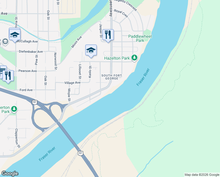 map of restaurants, bars, coffee shops, grocery stores, and more near 2707 Queensway in Prince George