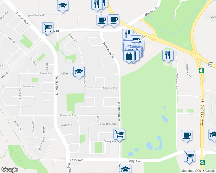 map of restaurants, bars, coffee shops, grocery stores, and more near 2820 Athlone Avenue in Prince George