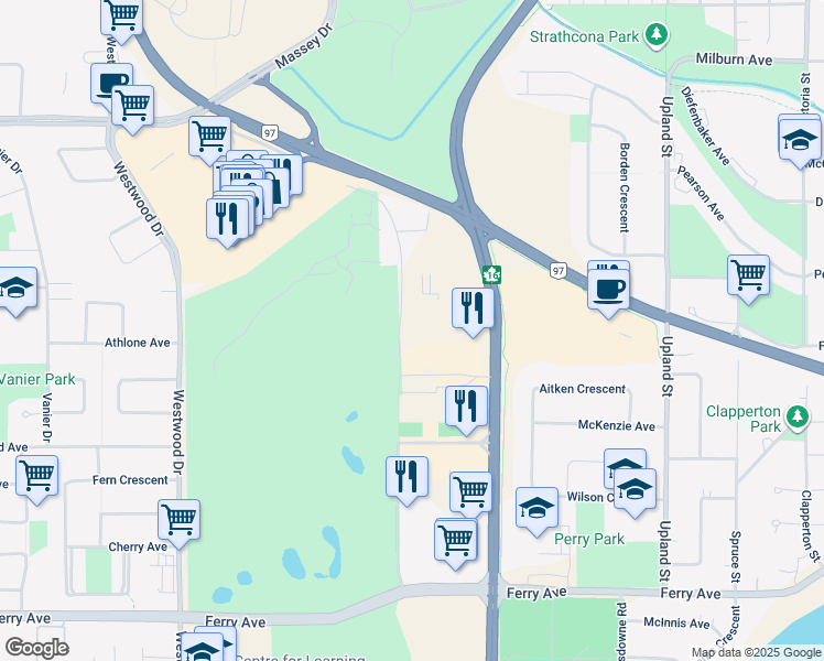 map of restaurants, bars, coffee shops, grocery stores, and more near 2700 Recplace Drive in Prince George