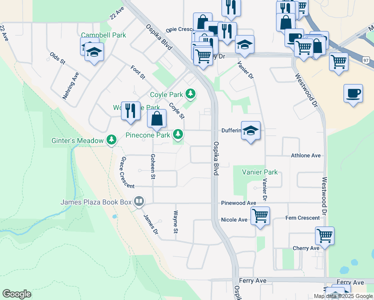 map of restaurants, bars, coffee shops, grocery stores, and more near 3647 Gould Crescent in Prince George