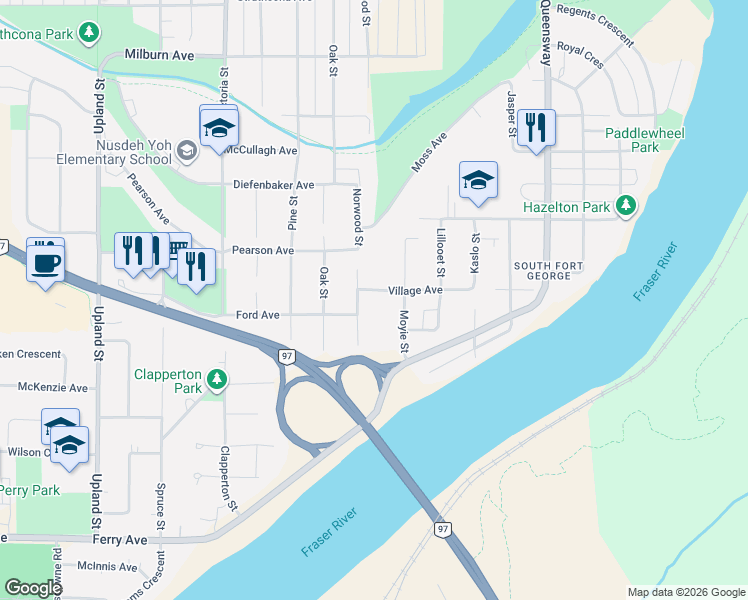 map of restaurants, bars, coffee shops, grocery stores, and more near 1467 Village Avenue in Prince George