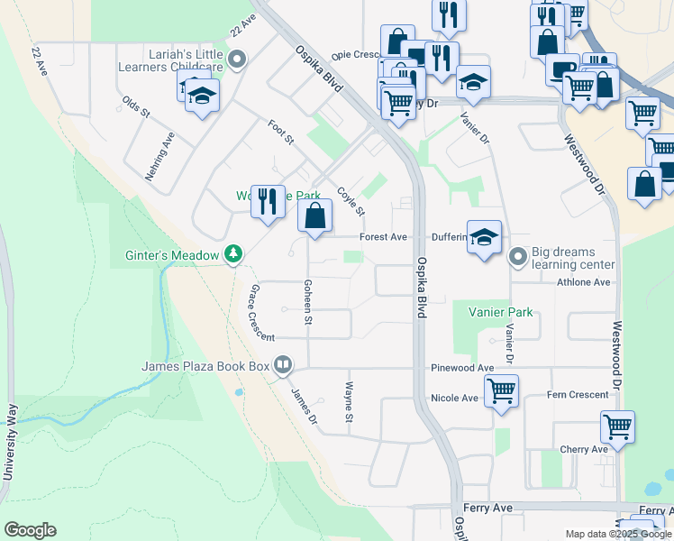map of restaurants, bars, coffee shops, grocery stores, and more near 3750 Goheen Place in Prince George