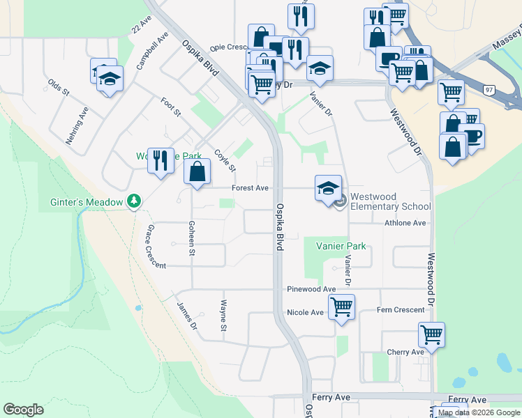 map of restaurants, bars, coffee shops, grocery stores, and more near Gould Crescent in Prince George