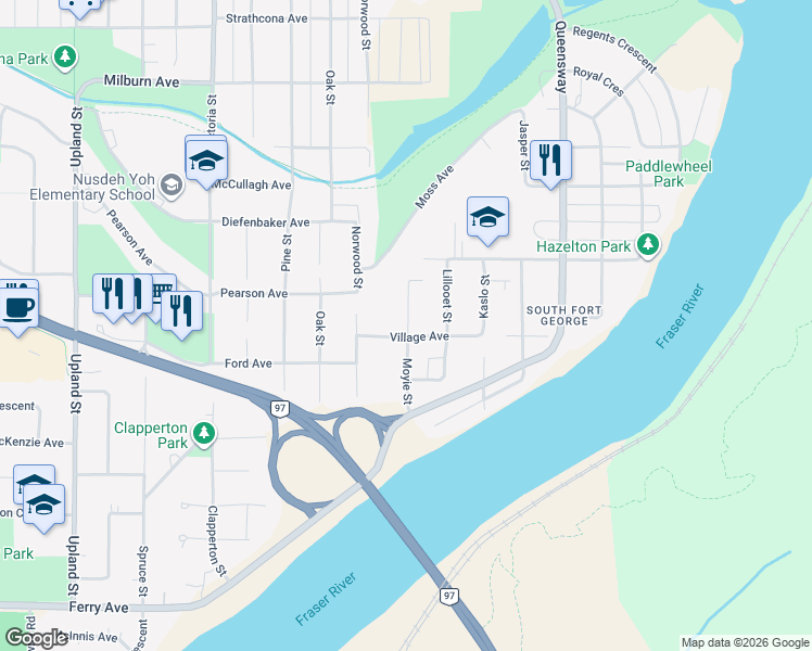 map of restaurants, bars, coffee shops, grocery stores, and more near 2645 Moyie Street in Prince George
