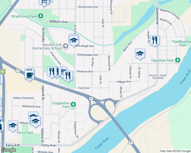 map of restaurants, bars, coffee shops, grocery stores, and more near 2746 Pine Street in Prince George