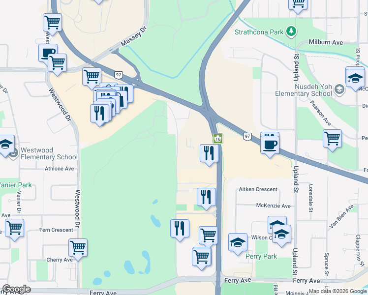 map of restaurants, bars, coffee shops, grocery stores, and more near 2658 Recplace Drive in Prince George