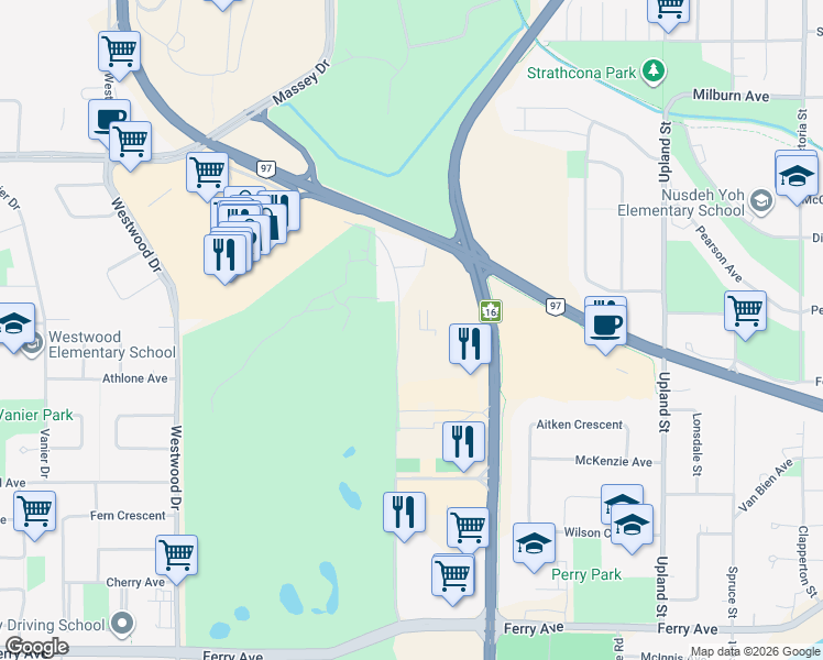 map of restaurants, bars, coffee shops, grocery stores, and more near 2700 Recplace Drive in Prince George
