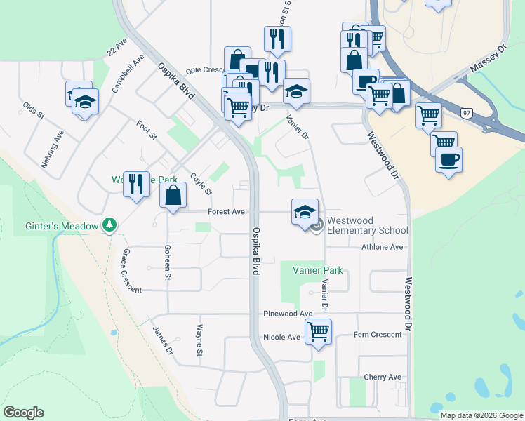 map of restaurants, bars, coffee shops, grocery stores, and more near 3599 Dufferin Avenue in Prince George