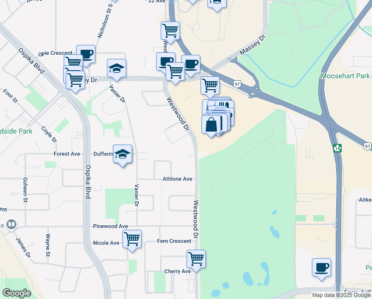 map of restaurants, bars, coffee shops, grocery stores, and more near 2618 Tweedsmuir Avenue in Prince George