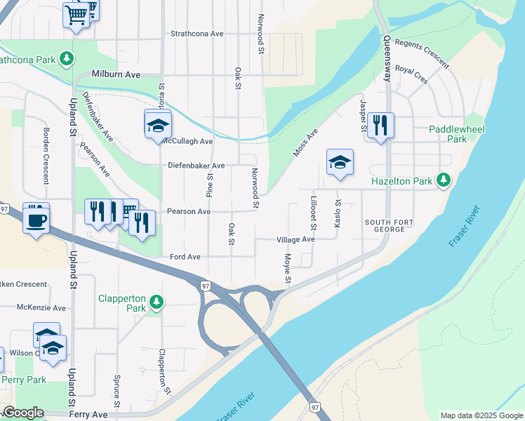 map of restaurants, bars, coffee shops, grocery stores, and more near in Prince George