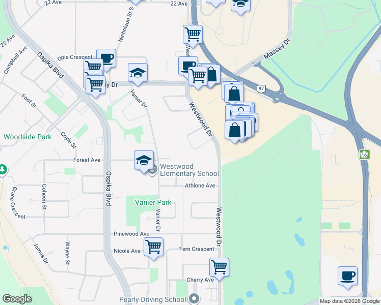 map of restaurants, bars, coffee shops, grocery stores, and more near 2561 Lorne Crescent in Prince George