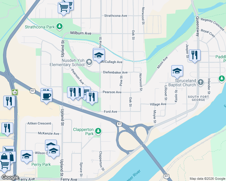 map of restaurants, bars, coffee shops, grocery stores, and more near 2650 Quince Street in Prince George
