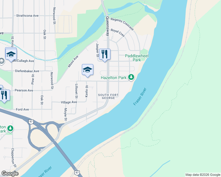 map of restaurants, bars, coffee shops, grocery stores, and more near 2648 Queensway in Prince George