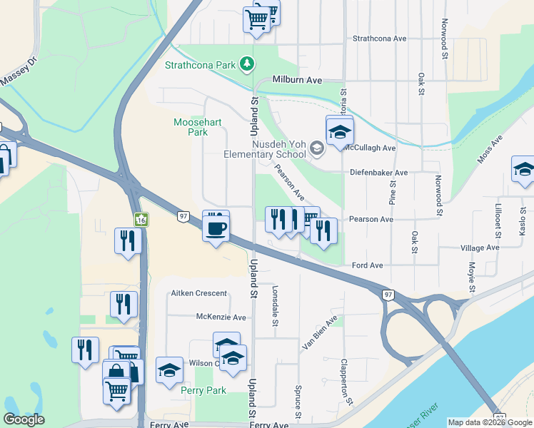 map of restaurants, bars, coffee shops, grocery stores, and more near 2692 Upland Street in Prince George