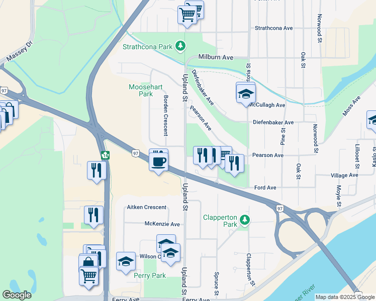 map of restaurants, bars, coffee shops, grocery stores, and more near 2692 Upland Street in Prince George