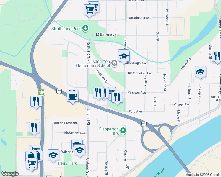 map of restaurants, bars, coffee shops, grocery stores, and more near 1567 Pearson Avenue in Prince George
