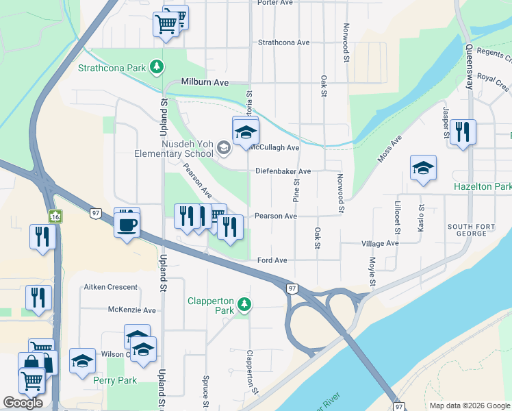map of restaurants, bars, coffee shops, grocery stores, and more near 2662 Victoria Street in Prince George